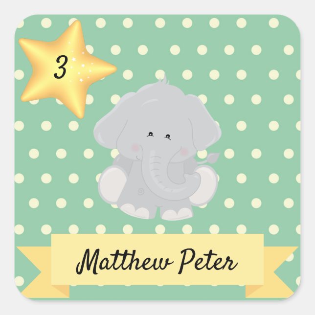 Custom Polka Dot Elephant with Name and Age Square Sticker (Front)