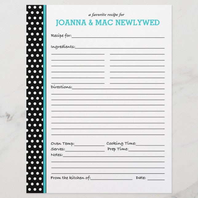 Custom Polka Dot Turquoise Accent Recipe Page (Front)