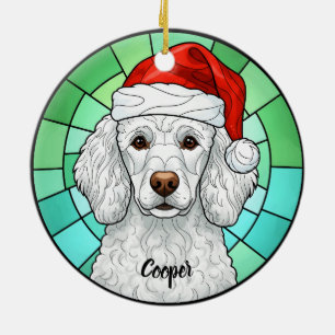 Custom Poodle Dog Santa Hat Stained Glass Ceramic Tree Decoration