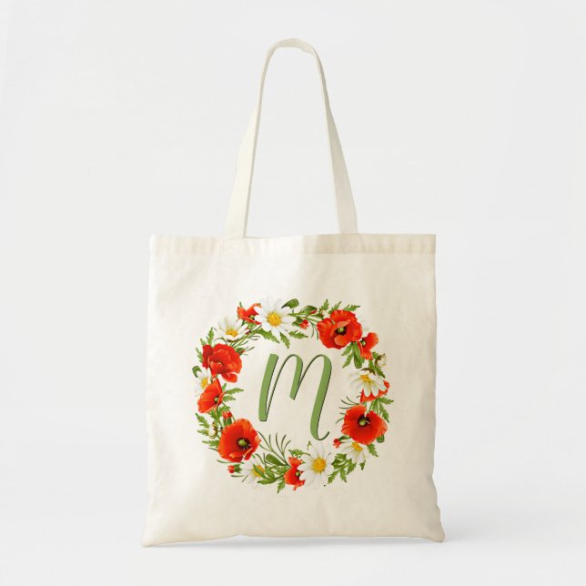 Custom Poppies Daisies Monogram Flower Wreath Tote Bag (Front)