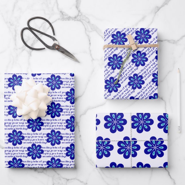 Custom Positive Vibes, Blue Floral Evil Eye Amulet Wrapping Paper Sheet (Front)