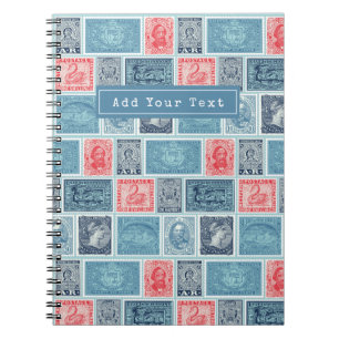 Custom Postal Stamps Blue Red Vintage Pattern Notebook