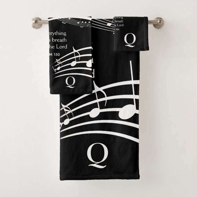 Custom PRAISE THE LORD Music Notes Black Bath Towel Set (Insitu)
