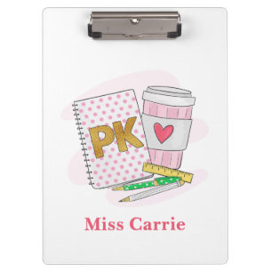 Custom Pre Kindergarten Pink Dot White Book Coffee Clipboard