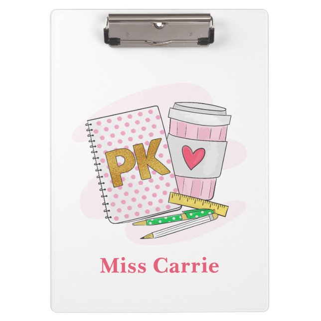 Custom Pre Kindergarten Pink Dot White Book Coffee Clipboard (Front)