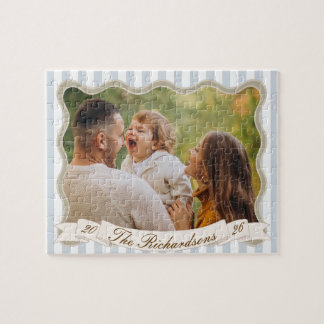 Custom Preppy Blue Striped Family Photo Name Year Jigsaw Puzzle