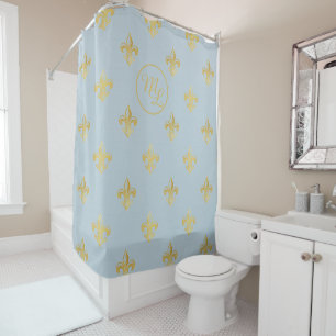 Custom Preppy gold & blue Fleur de Lis Shower Curtain