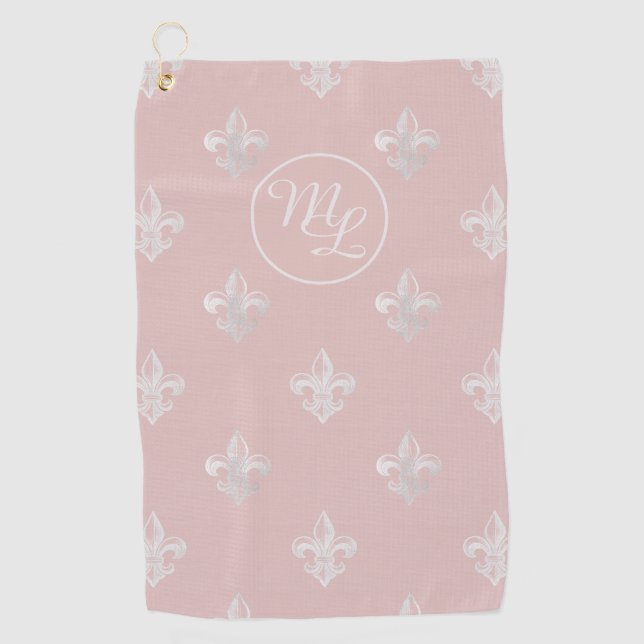 Custom Preppy pink Fleur de Lis Golf Towel (Front)