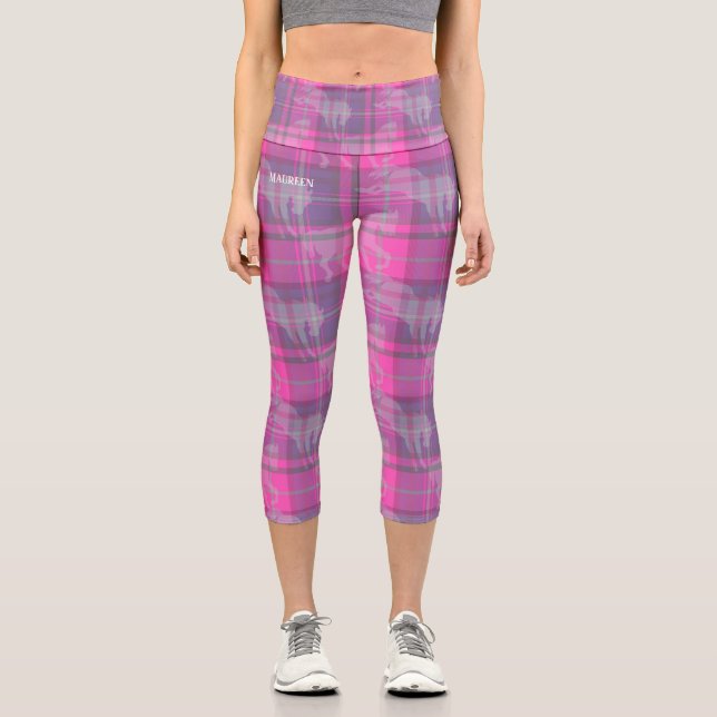 Custom preppy pink purple horse tartan  capri leggings (Front)