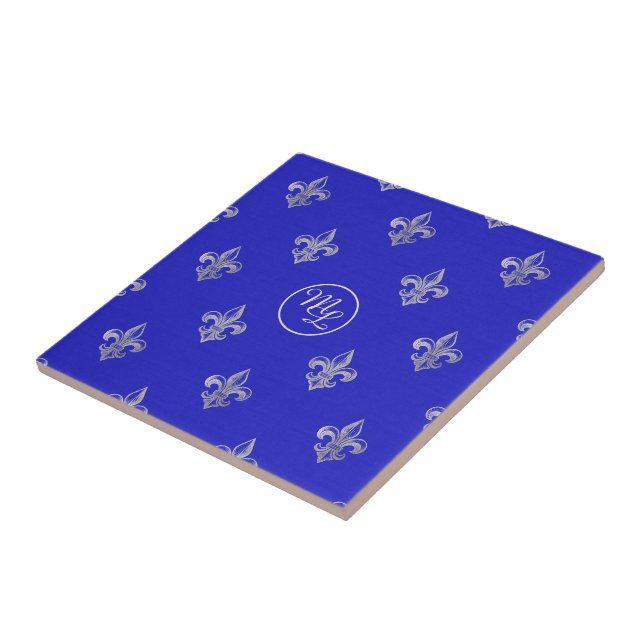 Custom Preppy Royal Blue Fleur de Lis Tile (Side)