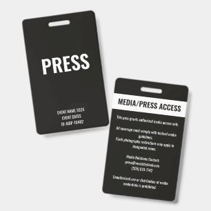 Custom Press Media Access Concert Festival White ID Badge