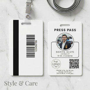 Custom Press Pass with Your Photo ID and QR Code Badge