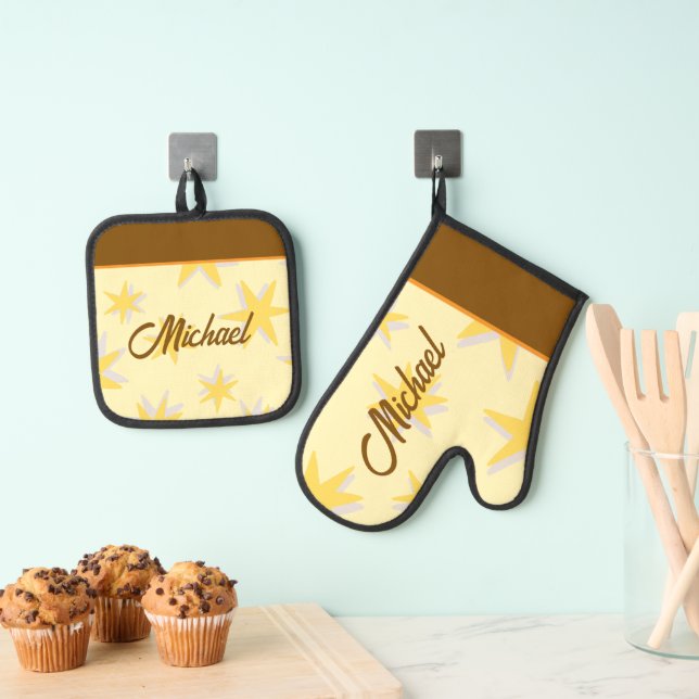 Custom pretty calligraphy letters Natural brown Oven Mitt & Pot Holder Set (Insitu(Hanging))