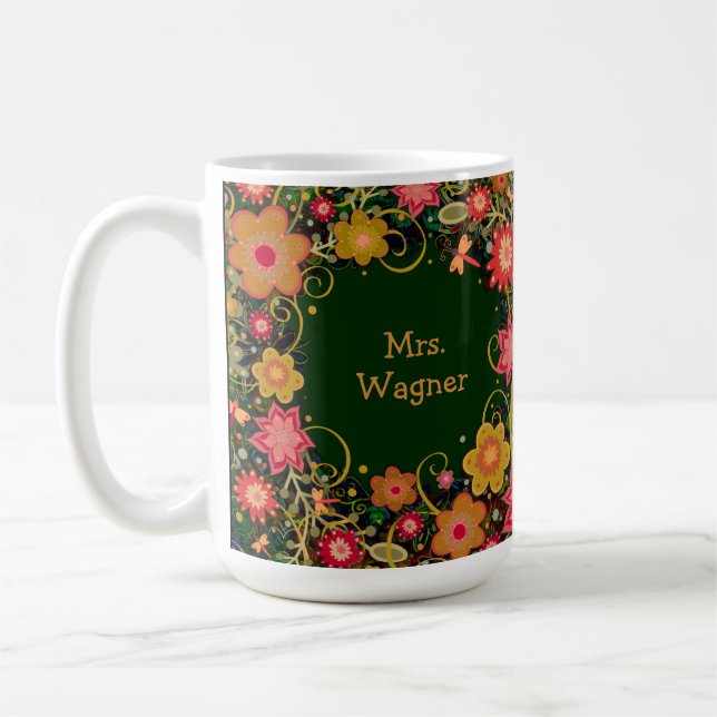 Custom Pretty Floral Teacher Name and Quote  Coffee Mug (Left)