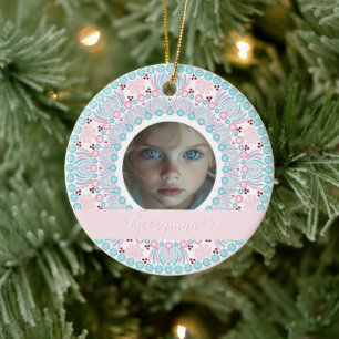 Custom Pretty Pastel Pink and Blue Mandala Frame Ceramic Tree Decoration