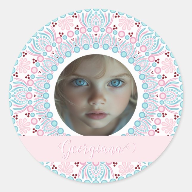 Custom Pretty Pastel Pink and Blue Mandala Frame Classic Round Sticker (Front)