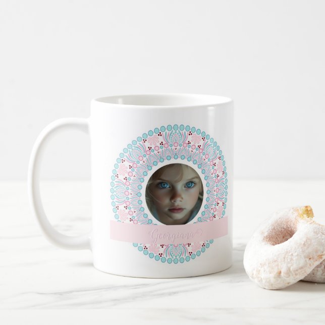 Custom Pretty Pastel Pink and Blue Mandala Frame Coffee Mug (With Donut)