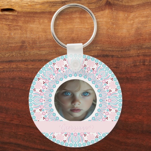 Custom Pretty Pastel Pink and Blue Mandala Frame Key Ring (Front)