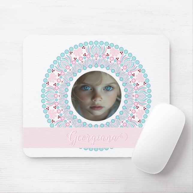 Custom Pretty Pastel Pink and Blue Mandala Frame Mouse Pad (With Mouse)