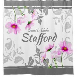 Custom Pretty Pink Cosmos Elegant Greys Your Name Shower Curtain