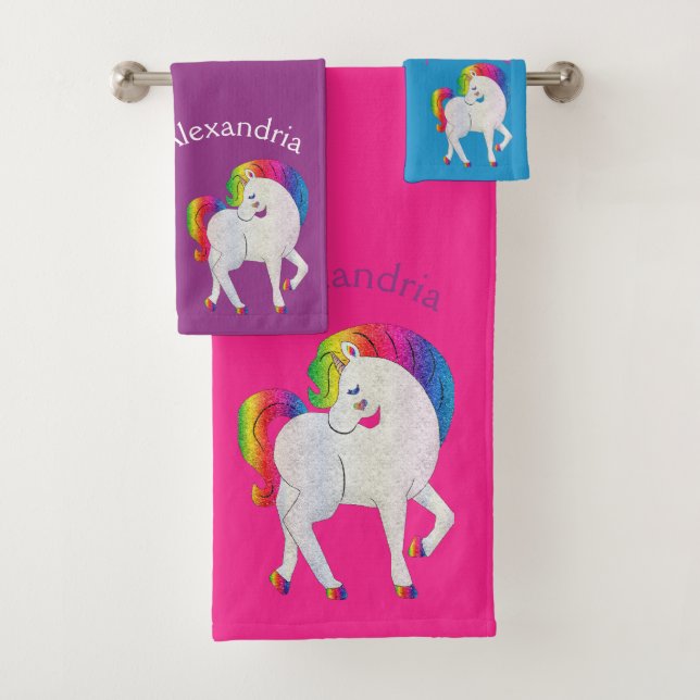 Custom Pretty Pink Purple Teal Blue Unicorn Bath Towel Set (Insitu)