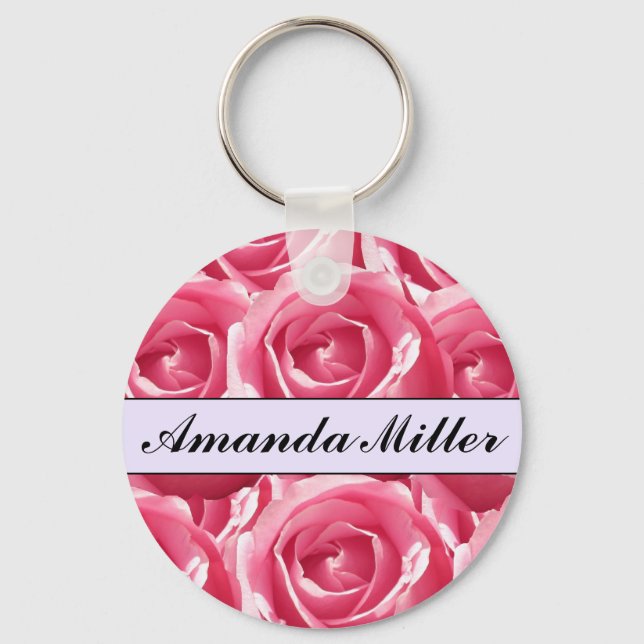 Custom Pretty Pink Roses Name, Initials Keychain (Front)