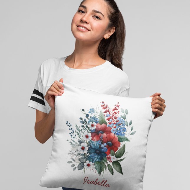 Custom Pretty Watercolor Red Blue White Floral Cushion (Creator Uploaded)