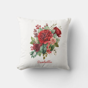 Custom Pretty Watercolor Red Pink Roses Floral Cushion