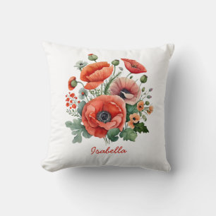 Custom Pretty Watercolor Red Poppies Floral Cushion
