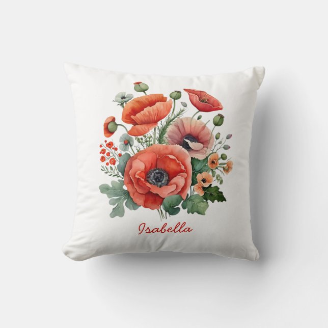 Custom Pretty Watercolor Red Poppies Floral Cushion (Front)