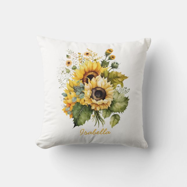 Custom Pretty Watercolor Sunflower Floral Cushion (Front)
