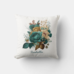 Custom Pretty Watercolor Teal Gold Floral Cushion