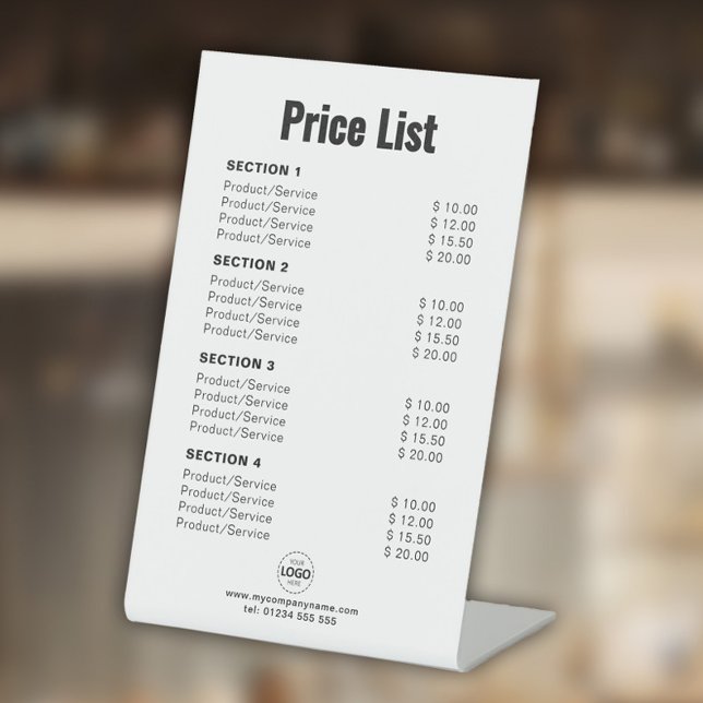Custom Price List or Services Simple Modern White Pedestal Sign (Creator Uploaded)