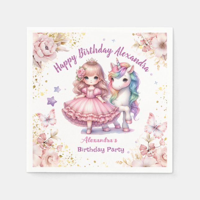 Custom Princess Unicorn Birthday Birthday Party Napkin (Front)