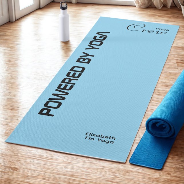 Custom Print Yoga Crew Baby Blue Yoga Mat (Baby blue yoga mat on studio floor.)