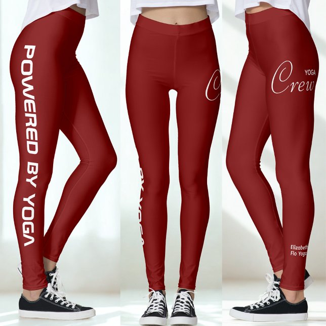 Custom Print Yoga Crew Deep Red Leggings (Red yoga leggings in three views.)