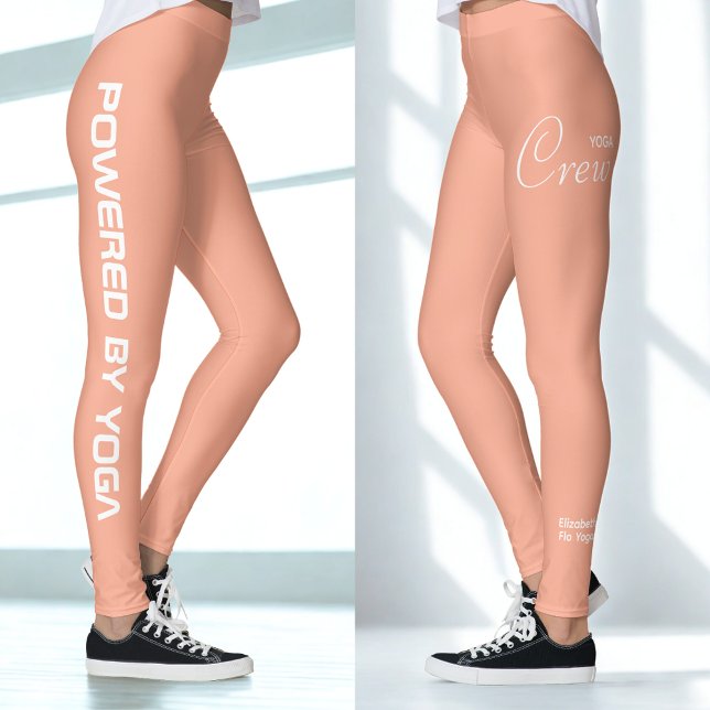 Custom Print Yoga Crew Peach Leggings (Peach yoga leggings with two views.)