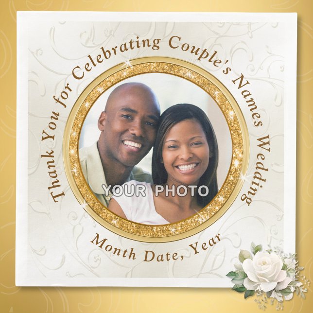 Custom Printed Wedding Napkins with Photo, 3 Sizes (Photo wedding napkins.  Personalized wedding paper napkins. Gold and Ivory wedding theme. Picture.)