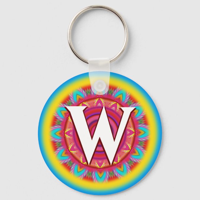 Custom psychedelic initial button key ring 'W' (Front)