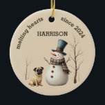 Custom Pug Dog Heart melting Keepsake Ceramic Tree Decoration<br><div class="desc">A adorable watercolor pug and snowman makes these custom Christmas ornaments a heart warming keepsake gift. Easily customise to make a special gift this Christmas.</div>