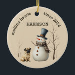 Custom Pug Dog Heart melting Keepsake Ceramic Tree Decoration<br><div class="desc">A adorable watercolor pug and snowman makes these custom Christmas ornaments a heart warming keepsake gift. Easily customise to make a special gift this Christmas.</div>