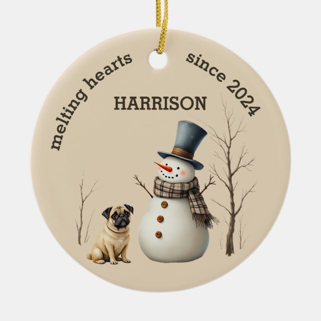 Custom Pug Dog Heart melting Keepsake Ceramic Tree Decoration (Front)
