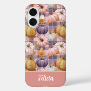 Custom Pumpkin and Flowers plaid  pattern  iPhone 16 Case