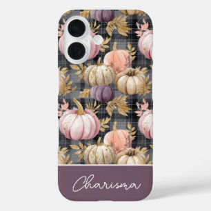 Custom Pumpkin and Flowers plaid  pattern  iPhone 16 Case