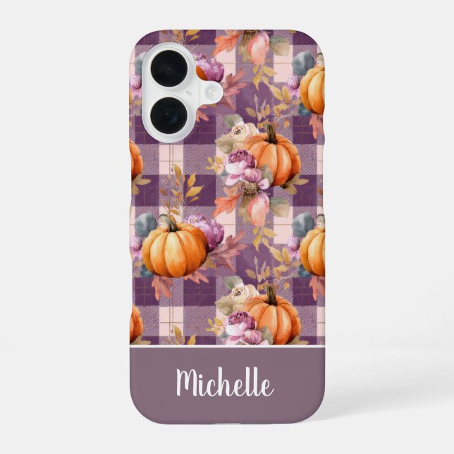 Custom Pumpkin and Flowers plaid  pattern  iPhone 16 Case (Back)