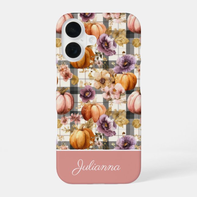 Custom Pumpkin and Flowers plaid  pattern  iPhone 16 Case (Back)