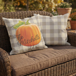 Custom Pumpkin Autumn Beige Brown Gingham Pattern Cushion