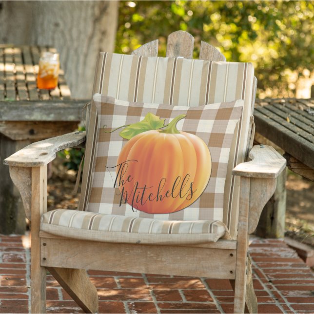 Custom Pumpkin Fall Coffee Brown Gingham Pattern Cushion (Chair)