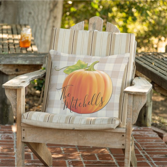 Custom Pumpkin Fall Light Brown Gingham Pattern Cushion (Chair)