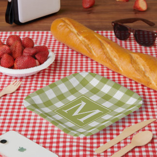 Custom Pumpkin Leaves Green Gingham Pattern Paper Plate